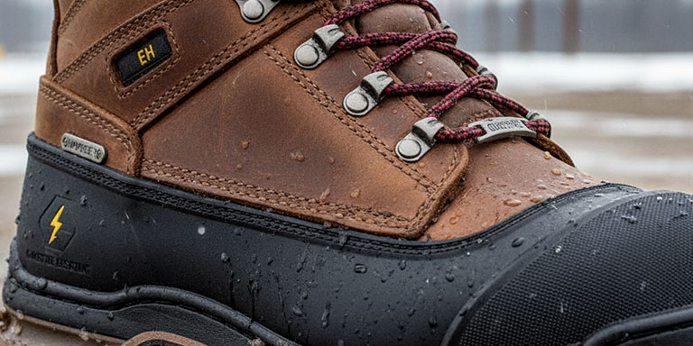 two construction workers in insulated boots