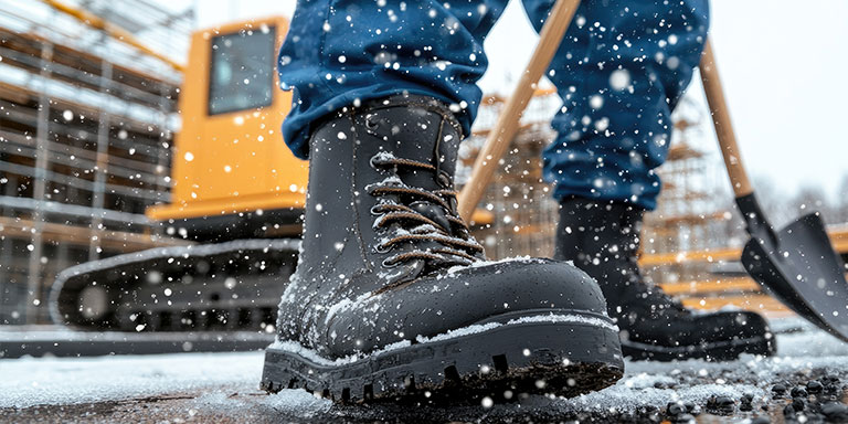 insulated leather work boot in snow on construction site
