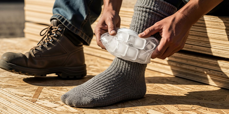 blue collar man icing injured ankle